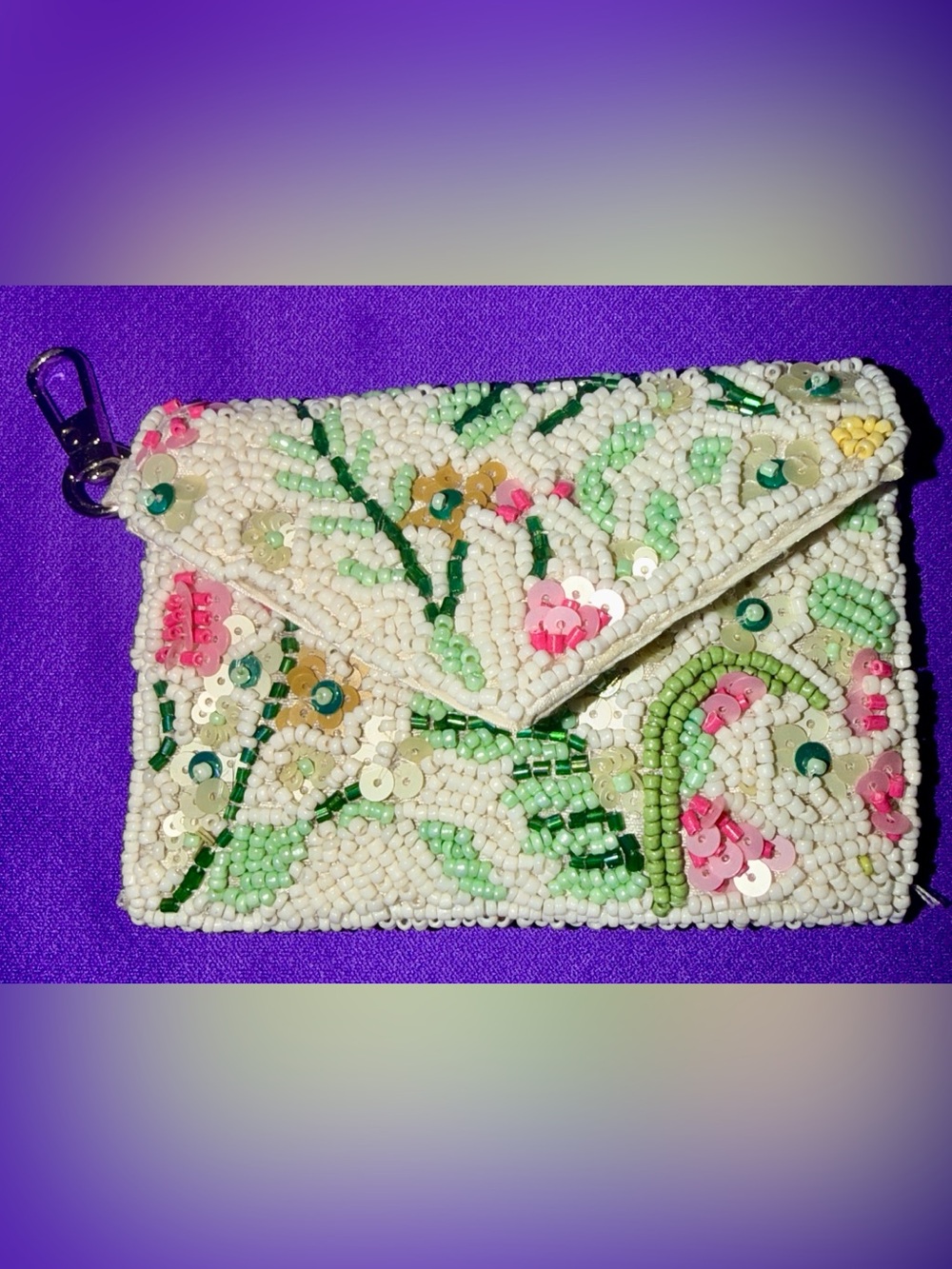 Beaded Floral Envelope Wristlet Clutch in Cream with Pink & Green Accents